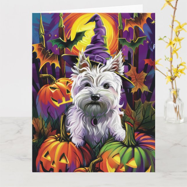 Carte West Highland White Terrier Chien Halloween sorciè (Fleur jaune)