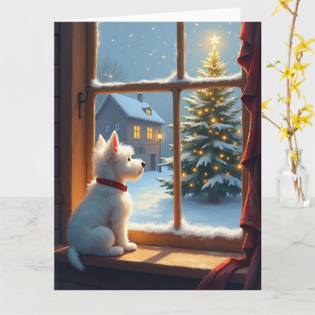 Carte West Highland White Terrier Christmas Morning View (Fleur jaune)