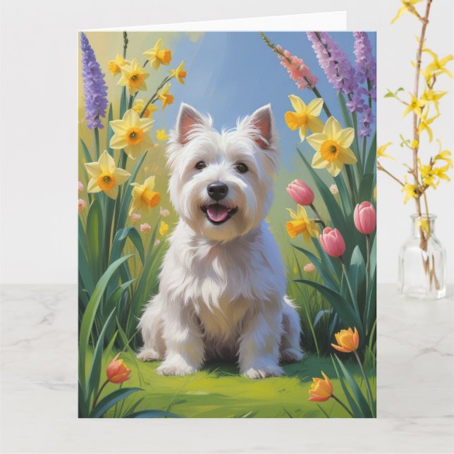 Carte West Highland White Terrier Fleurs de printemps (Fleur jaune)