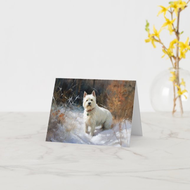 Carte West Highland White Terrier Laissons neiger Noël (Fleur jaune)