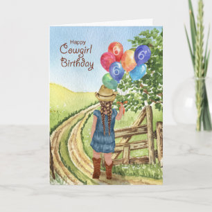 Carte Western Cowgirl avec Balloon Girl 6e anniversaire