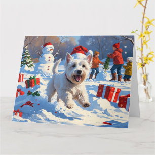 Carte Westie courant dans la neige avec un chapeau de No
