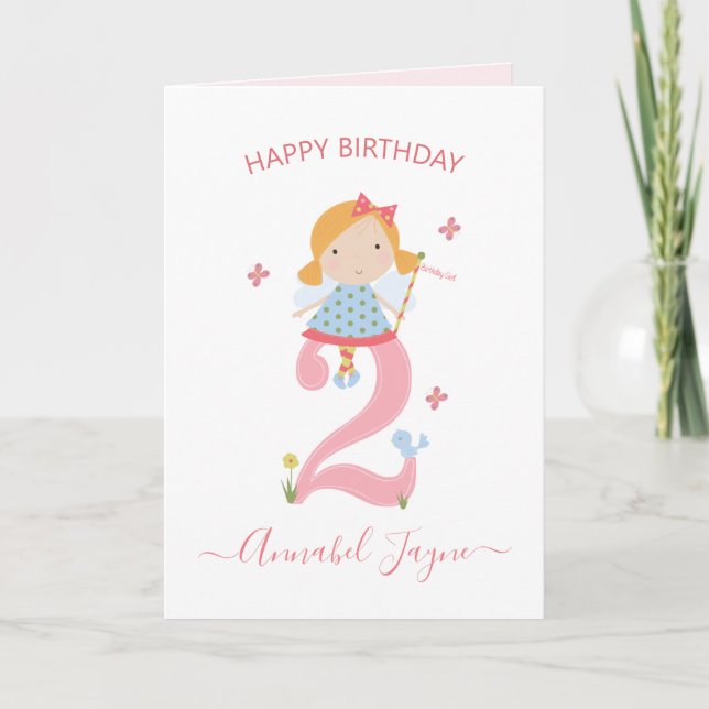 Carte Whimsical 2ème anniversaire fée filles rose mignon (Devant)