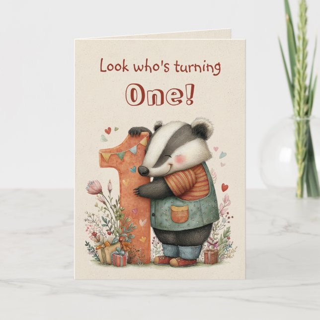 Carte Whimsical Badger First Birthday for One Year Old (Devant)