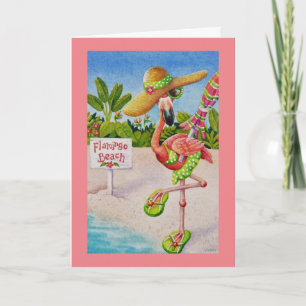 Carte Whimsical Beach Babe Flamant rose rose n° 2 Art