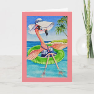 Carte Whimsical Beach Babe Flamant rose rose n° 3 Art