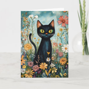 Carte Whimsical Black Cat avec illustration Fleur sauvag