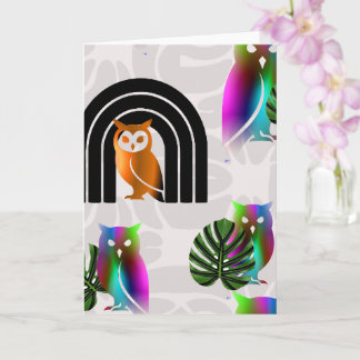 Carte Whimsical Boho Owl & Tropical Monstera Leaf