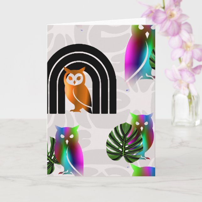 Carte Whimsical Boho Owl & Tropical Monstera Leaf (Orchidée)