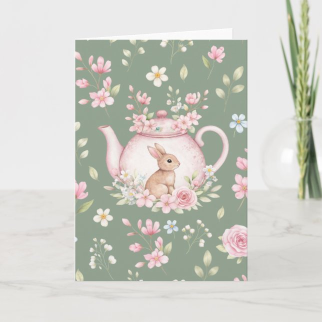Carte Whimsical Bunny Green Teapot Floral Easter  (Devant)