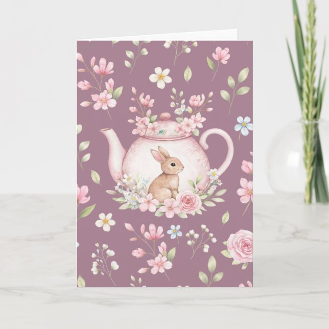 Carte Whimsical Bunny Pink Teapot Floral Easter  (Devant)