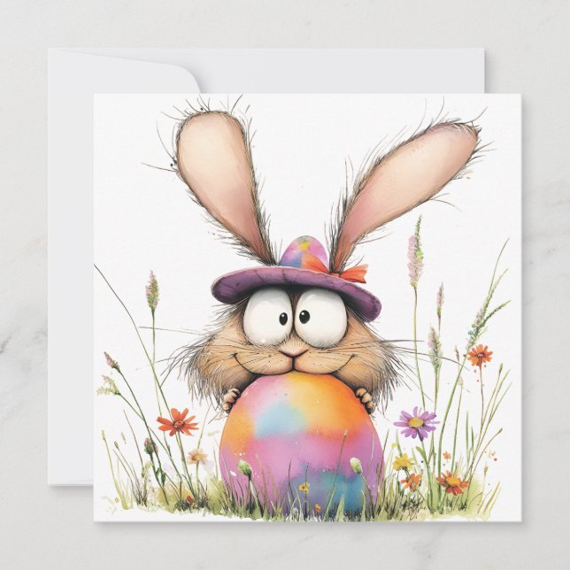 Carte Whimsical Bunny with Decorated Egg Easter Greeting (Devant)