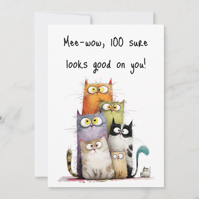 Carte Whimsical Cats with Big Eyes 100th Birthday Flat (Devant)