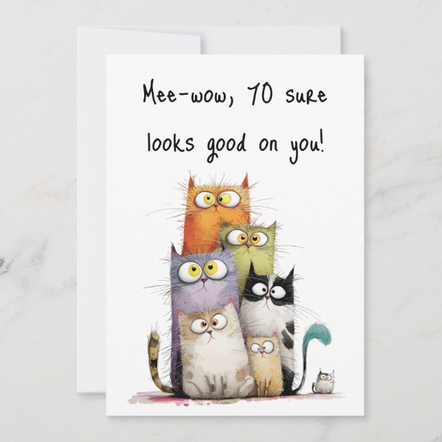 Carte Whimsical Cats with Big Eyes 70th Birthday Flat (Devant)