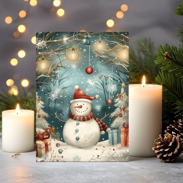 Carte Whimsical Christmas Snowman in Winter Forest (A snowman celebration wrapped in cozy winter magic and vintage joy)