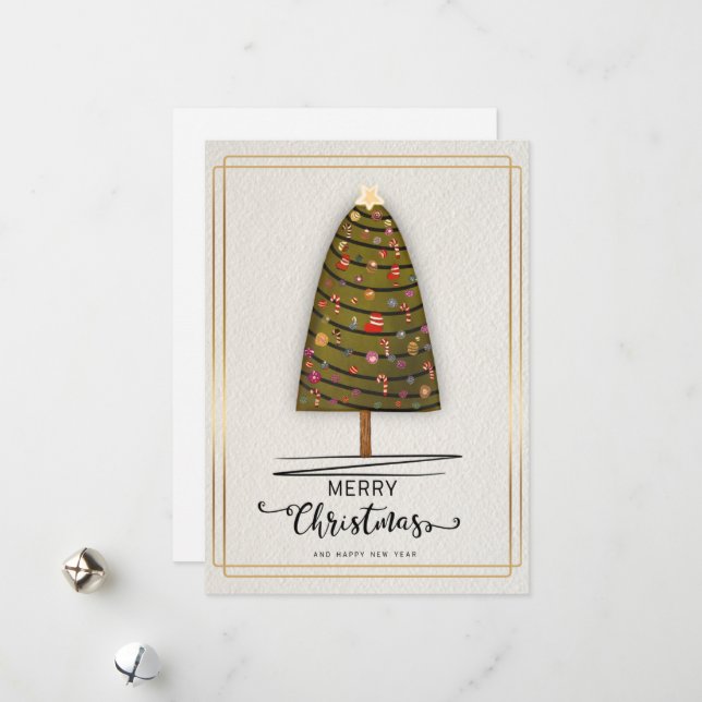 Carte Whimsical Christmas Tree avec ornements sur  (Devant/Arrière en situation)
