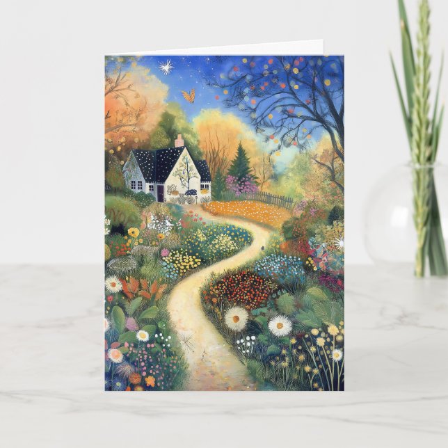 Carte Whimsical Country Cottage Scène Bonjour Salutation (Devant)