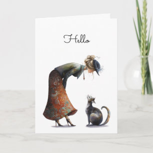 Carte Whimsical Cute Chat et dame Bonjour Salutation