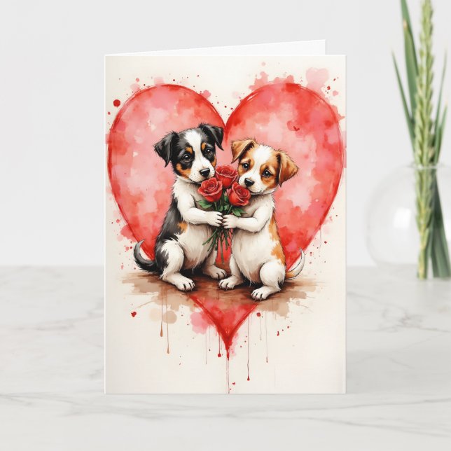 Carte Whimsical Cute Dogs Valentine Hearts and Red Roses (Devant)