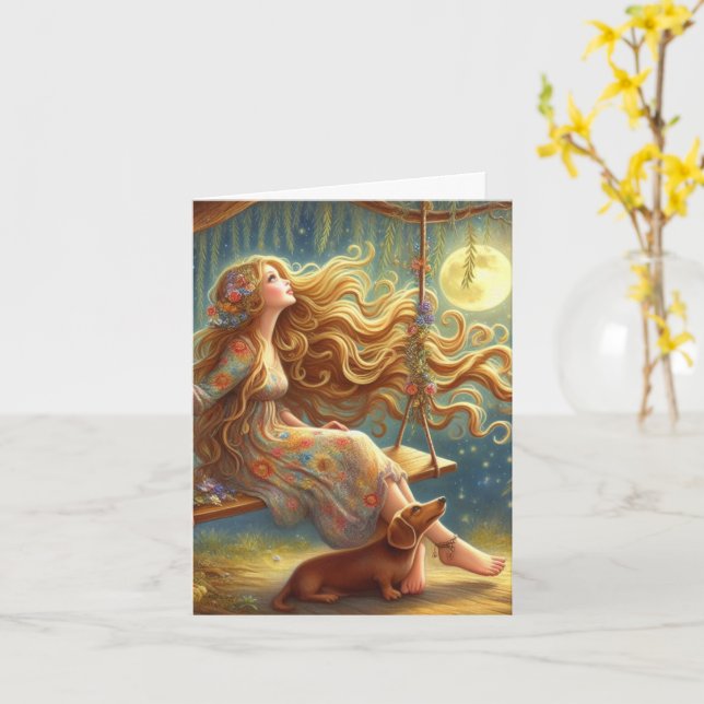 Carte Whimsical Dachshund and Girl Téléchargeable (Fleur jaune)