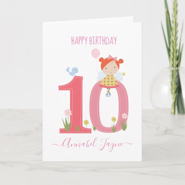 Carte Whimsical Dixième anniversaire fée rose mignon (Devant)