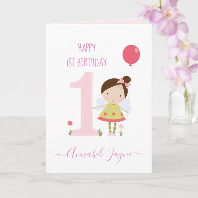Carte Whimsical fée de premier anniversaire filles rose  (Orchidée)
