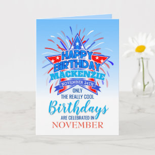 Carte Whimsical Fireworks Né en novembre Anniversaire