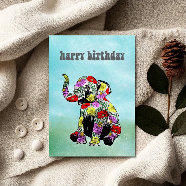 Carte Whimsical Floral Baby Elephant Birthday Card (Unique Birthday Cards: Geometric and Flat Art styles featuring florals, animals, and modern designs.)