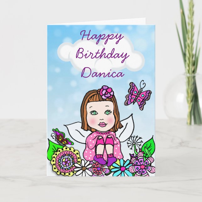 Carte Whimsical Folk Art Fairy Girl Joyeux anniversaire (Devant)