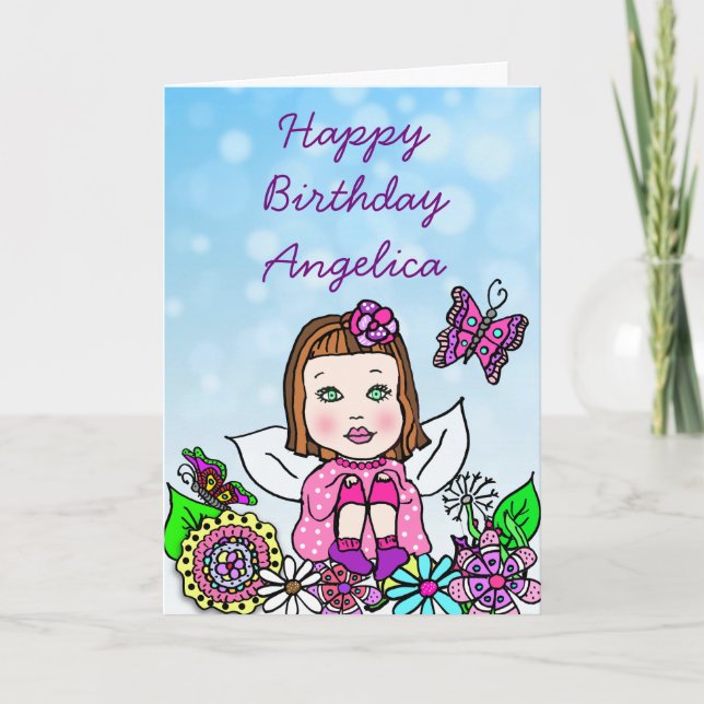 Carte Whimsical Folk Art Fairy Girl Joyeux anniversaire (Devant)