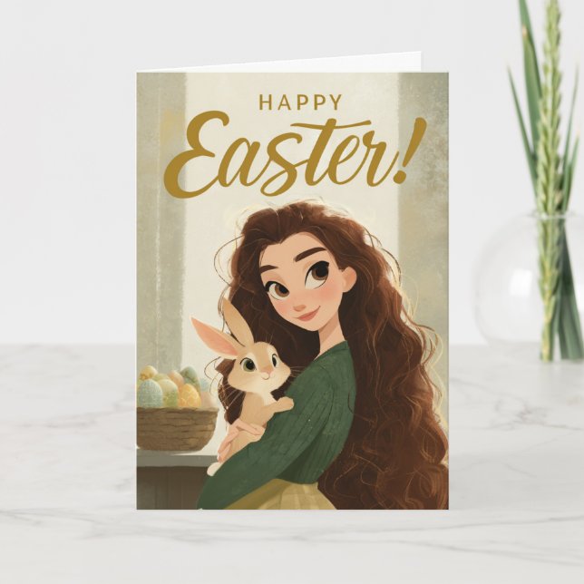 Carte Whimsical Girl and Baby Bunny Easter Greeting (Devant)