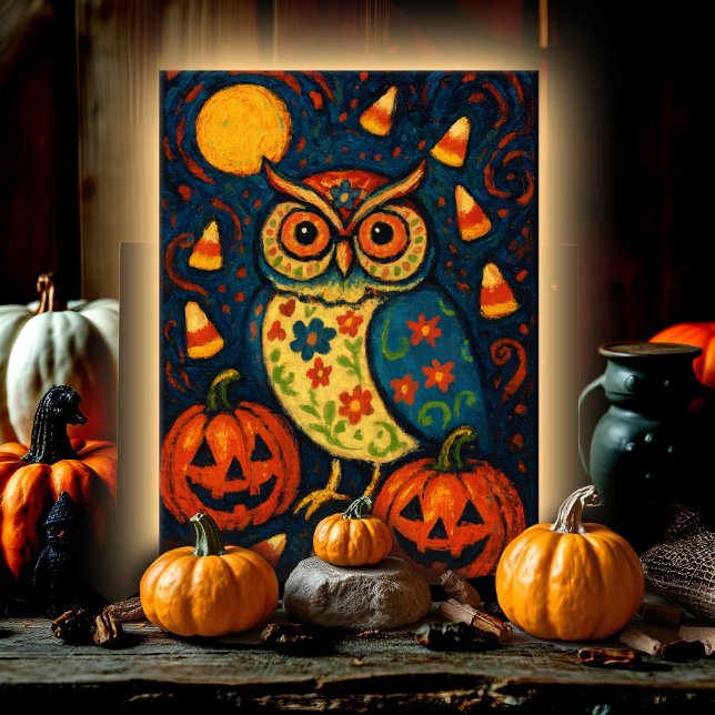 Carte Whimsical Halloween Owl Folk Art Candy Corn Night (Whimsical folk art owl under moonlight with pumpkins, candy, and blooms for Halloween cheer.)