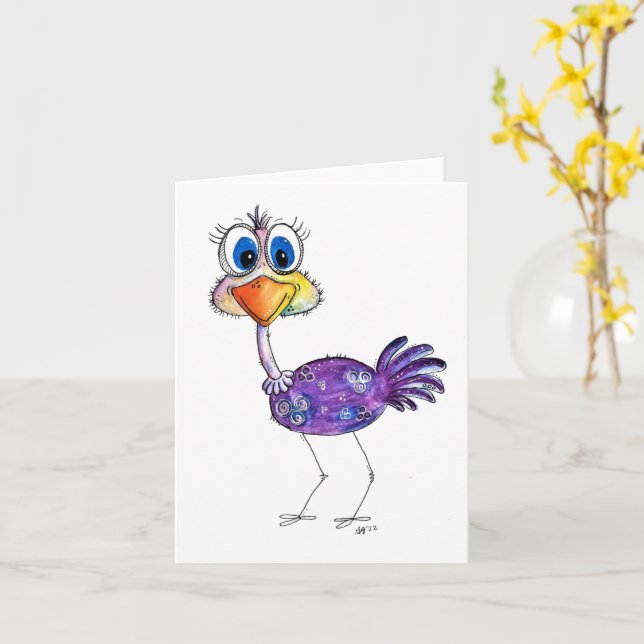 Carte Whimsical Happy Violet Ostrich (Fleur jaune)