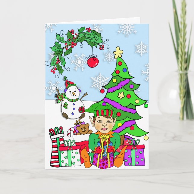 Carte Whimsical Holiday Elf and Christmas Tree (Devant)