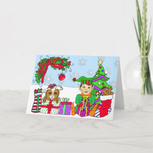 Carte Whimsical Holiday Elf et cadeaux de fête personnal
