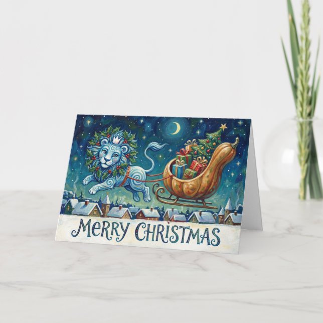 Carte Whimsical Lion Pulling Sleigh Christmas Card (Devant)