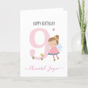 Carte Whimsical Neuvième anniversaire fée rose mignon 