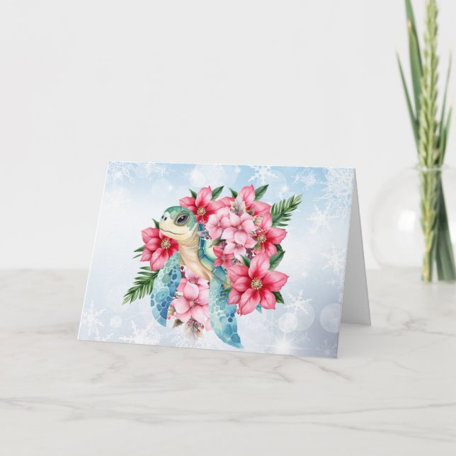Carte Whimsical Pink Florals & Sea Turtle (Devant)