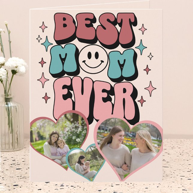 Carte Whimsical Retro Best Mom Heart Formé Photo (Best Mom Ever Retro Multi Photo Mother's Day Card by Darling & May)