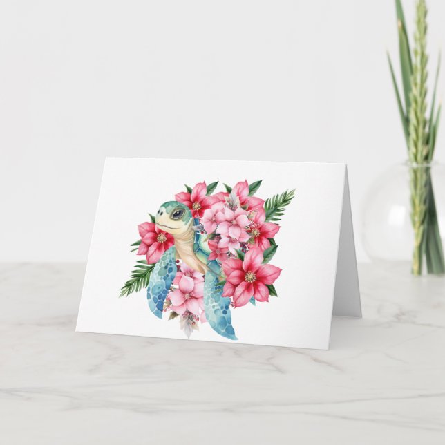 Carte Whimsical Rose Florals & Sea Turtle Note (Devant)
