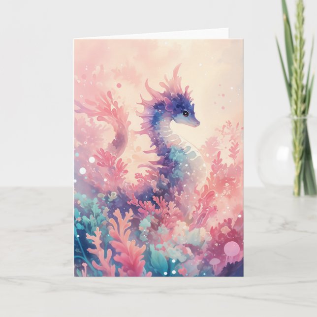 Carte Whimsical Seahorse en Coral Dreamscape (Devant)