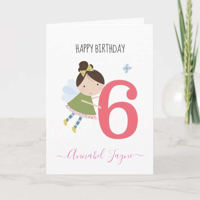 Carte Whimsical sixième anniversaire fée filles rose mig (Devant)