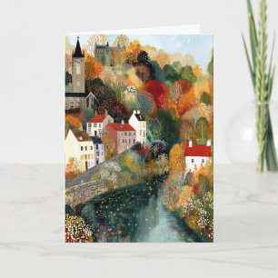 Carte Whimsical Small Town Automne Scène Bonjour Salutat