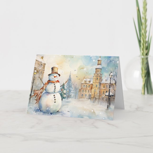 Carte Whimsical Snowman in a Snowy Village Greeting (Devant)