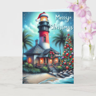 Carte Whimsical Tropical Christmas Lighthouse Turquoise