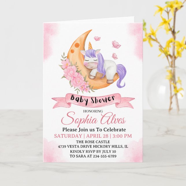 Carte Whimsical Unicorn Lune Baby shower Pour Bébé Fille (Fleur jaune)