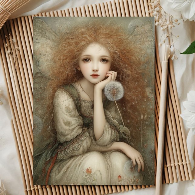 Carte Whimsical Woodland Fairy Portrait with Dandelion  (Créateur téléchargé)