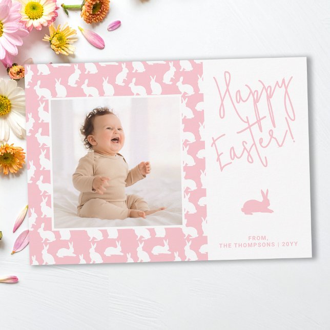 Carte White Bunnies On Pink With Custom Photo Easter (Créateur téléchargé)