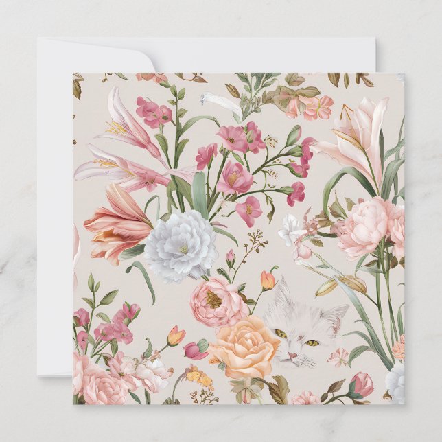 Carte White Cats Pink Roses Floral Flat Thank You Card (Devant)