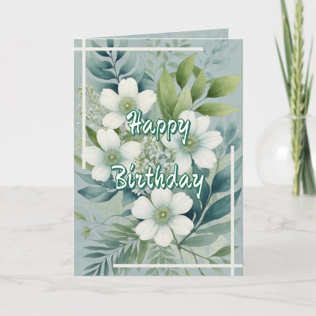 Carte White Flowers on Green Leaves Background Birthday (Devant)